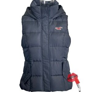 Hollister Puffer‎ Vest Hooded Down Women Medium Navy Zip Faux Fur Hood